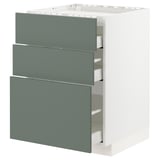METOD kitchen unit with 3 grey-green drawers. White sides, modern design.