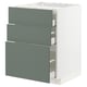 METOD kitchen unit with 3 grey-green drawers. White sides, modern design.