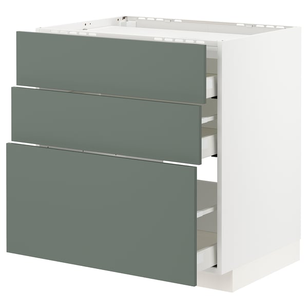 Modern kitchen cabinet: METOD with grey-green recycled plastic fronts, three drawers, sleek design.