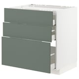 Modern kitchen cabinet: METOD with grey-green recycled plastic fronts, three drawers, sleek design.