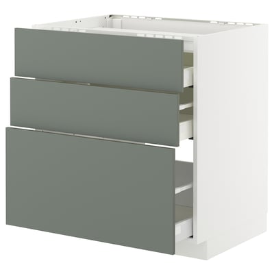 Modern grey-green kitchen unit with three drawers, sleek design and white frame.