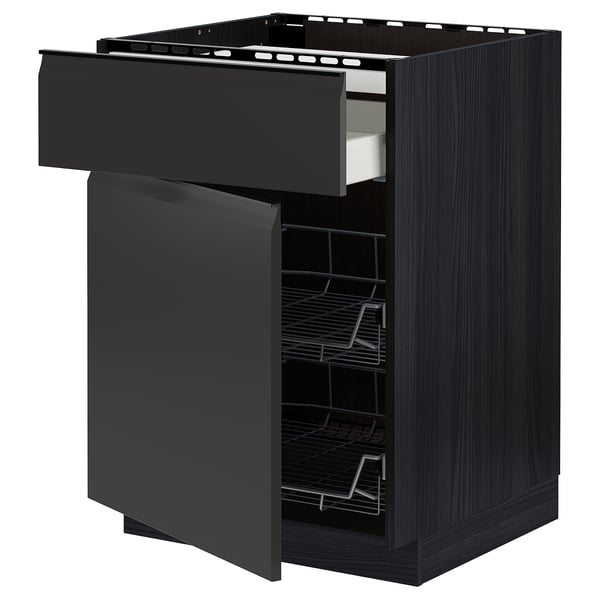 Modern black kitchen cabinet with drawer and shelves, sleek design.