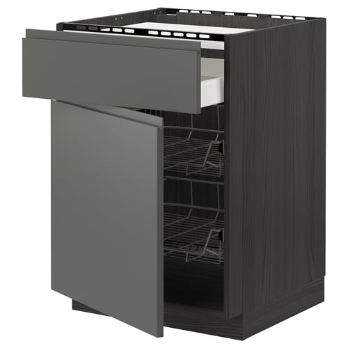 Dark grey wooden kitchen cabinet with open drawer and metal racks.
