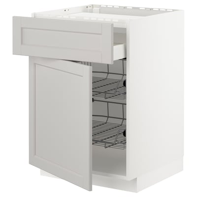 METOD kitchen cabinet in grey with beveled edges, partially open showing wire racks inside.