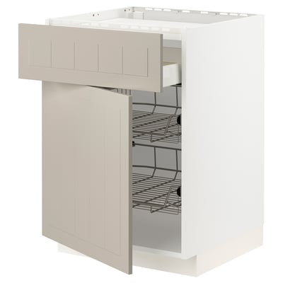 METOD kitchen cabinet in beige with pull-out wire drawers and soft-close hinges.