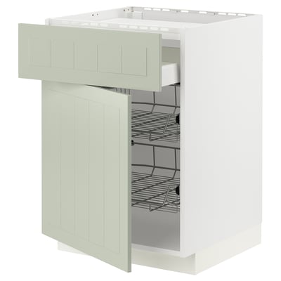 Modern kitchen cabinet in green with open drawers. Smooth-running metal drawers and sturdy frame. Part of the METOD system.
