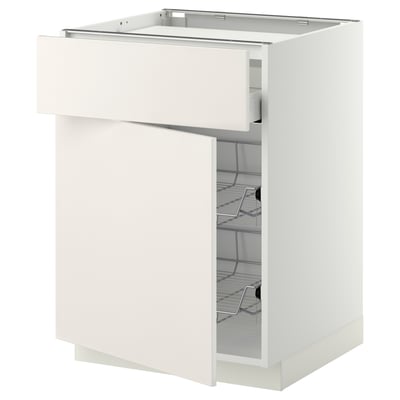 White METOD kitchen cabinet with drawers and wire shelves.