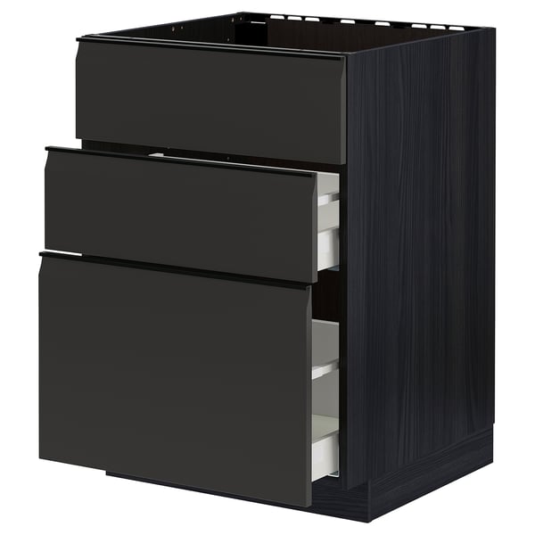 METOD black kitchen unit with drawers, wood texture, three tiers, modern design.