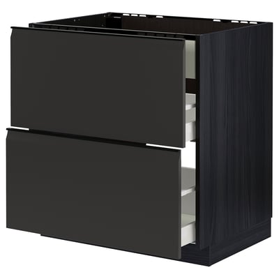 Modern black kitchen cabinet with two drawers, sleek design and wooden finish.