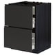 Modern black kitchen drawer unit with wood texture and integrated handles.