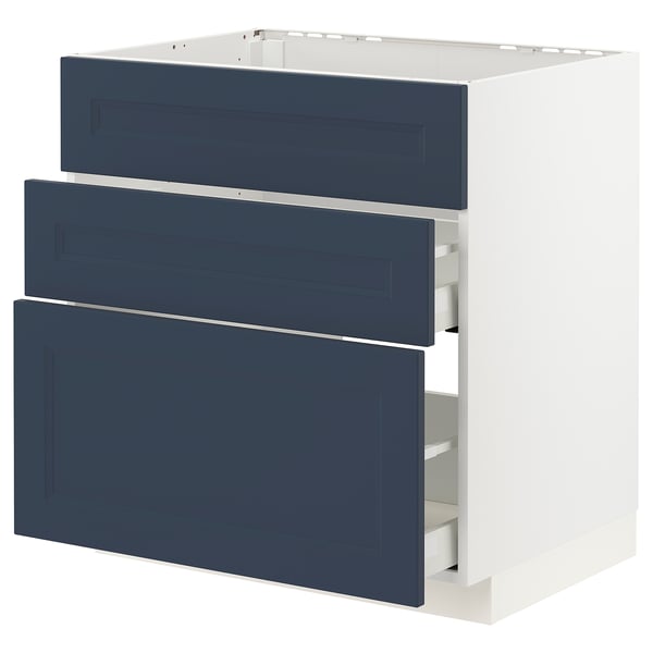Ikea METOD kitchen cabinet. White frame, blue drawers. Three drawers, modern design.
