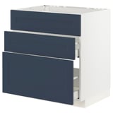 Ikea METOD kitchen cabinet. White frame, blue drawers. Three drawers, modern design.