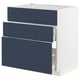 Ikea METOD kitchen cabinet. White frame, blue drawers. Three drawers, modern design.