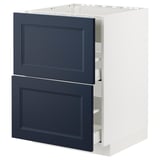 Image a white METOD kitchen unit with two dark blue drawers and a cabinet.