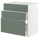 White METOD cabinet with green-gray drawers, modern kitchen design.