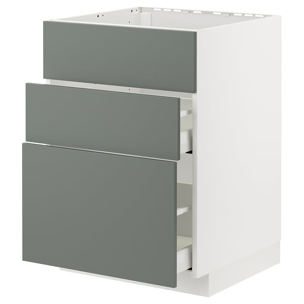 Grey-green kitchen cabinet with three drawers, sleek white frame, durable.