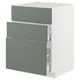 Grey-green kitchen cabinet with three drawers, sleek white frame, durable.