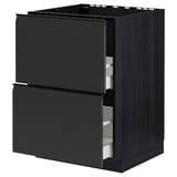 METOD kitchen cabinet in matte black with sleek, modern design and two open drawers revealing organized compartments.