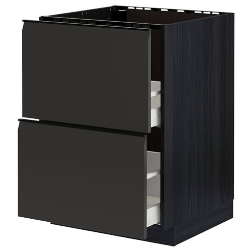 METOD kitchen cabinet in matte black with sleek, modern design and two open drawers revealing organised compartments.