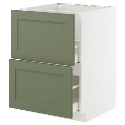 Ikea METOD kitchen cabinet with green axstad drawers, rectangular shape, sturdy frame, self-closing drawers.