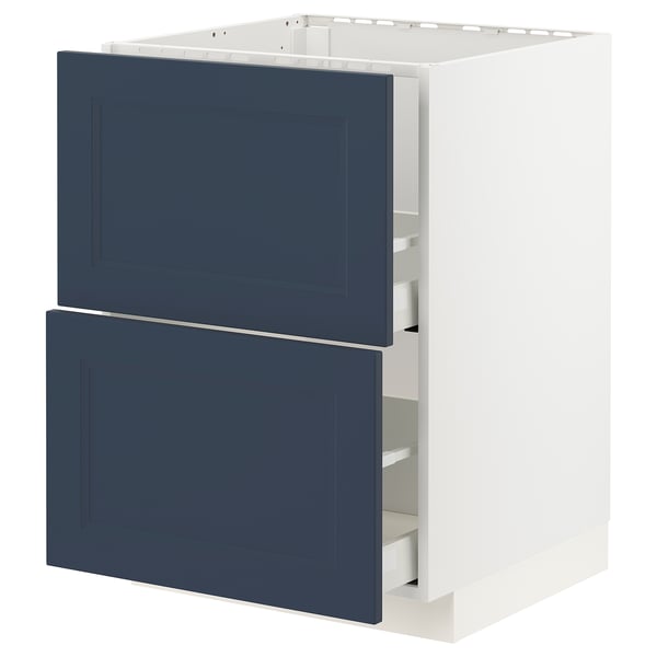 Blue ikea METOD kitchen cabinet with drawers, modern traditional style, white frame, dampening drawer close.