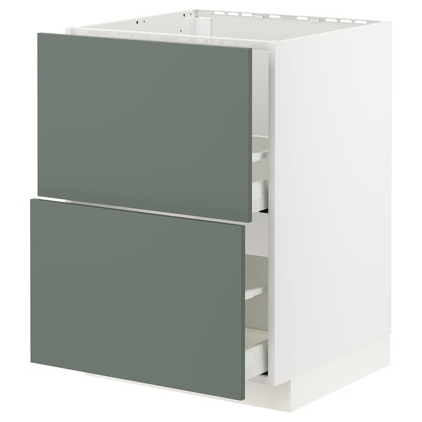 METOD kitchen unit, grey-green with white sides, rectangular, two-drawer design.