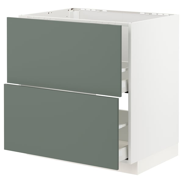 Modern kitchen cabinet, grey-green, square shape, open drawers, eco-friendly materials.
