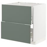 Modern kitchen cabinet, grey-green, square shape, open drawers, eco-friendly materials.