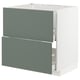 Modern kitchen cabinet, grey-green, square shape, open drawers, eco-friendly materials.