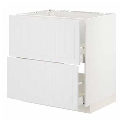 A white METOD kitchen cabinet with drawer storage. Modern, rectangular design with grooved detailing.