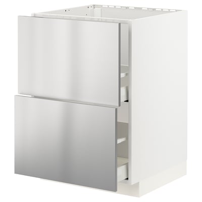 White METOD kitchen unit, square, stainless steel drawer fronts.
