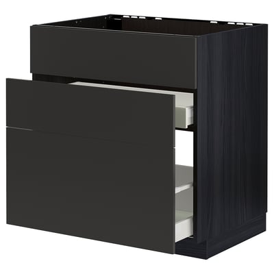 Black METOD kitchen cabinet with open drawer, modern design, dark finish.