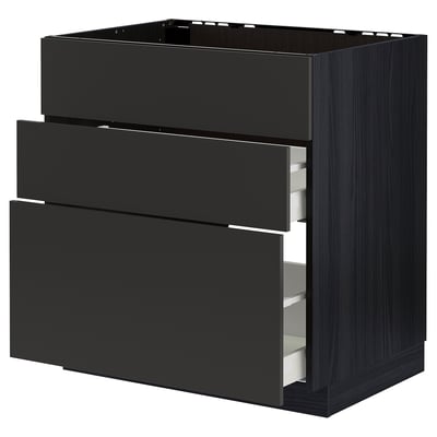 Modern black kitchen cabinet with three drawers, sleek design, matt finish, sturdy particleboard construction.
