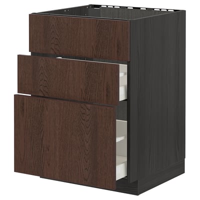 METOD dark brown oak-veneer kitchen cabinet with three drawers, modern design.