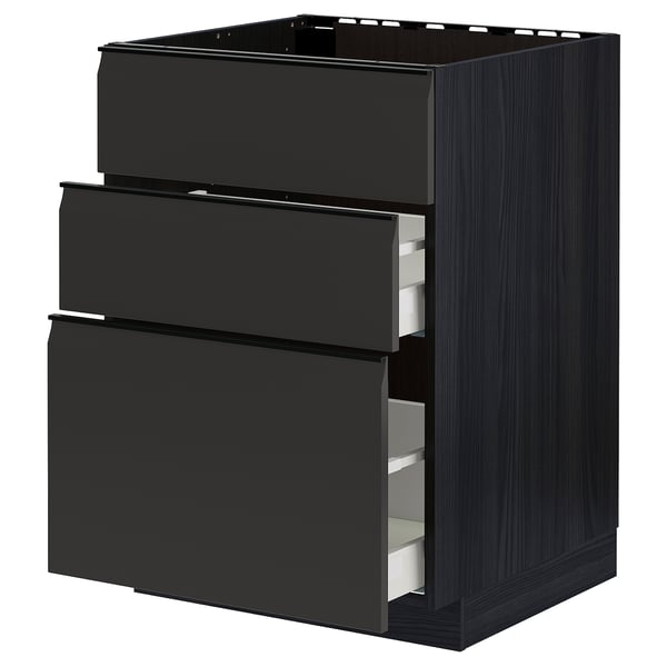 METOD kitchen cabinet, black, 3 soft-close drawers, modern design.