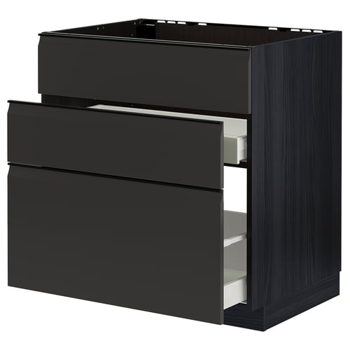 Modern black kitchen unit with 3 drawers in dark wood grain, tall and sleek.
