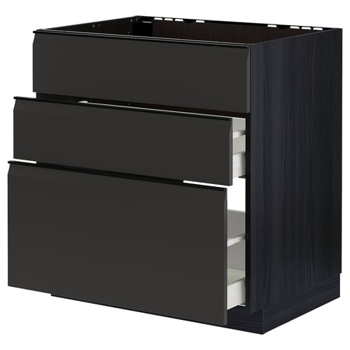 A modern black kitchen cabinet with three drawers and a square shape. It a sleek, minimalist design with integrated handles.