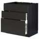 Option: A modern black kitchen cabinet with three drawers and a square shape. It a sleek, minimalist design with integrated handles.