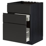 Black kitchen cabinet with three drawers, modern design, textured wood finish.