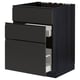 Black kitchen cabinet with three drawers, modern design, textured wood finish.