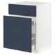 Modern kitchen cabinet with blue drawers and white base, sleek and minimalist design.