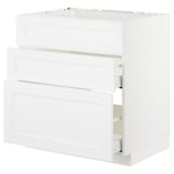 A white METOD kitchen cabinet with three drawers and a boxy design. The cabinet a smooth, clean look with a panel design on the drawer fronts.
