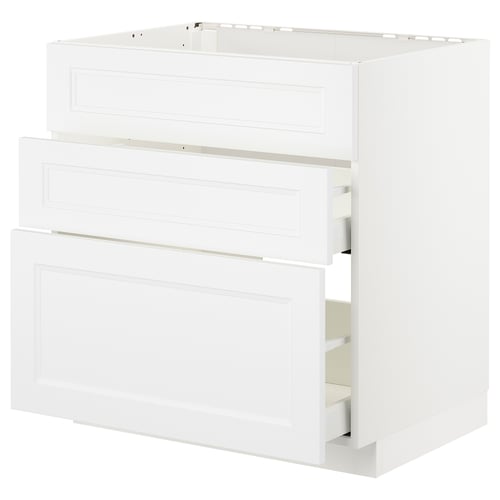 A white METOD kitchen cabinet with three drawers and a boxy design. The cabinet a smooth, clean look with a panel design on the drawer fronts.