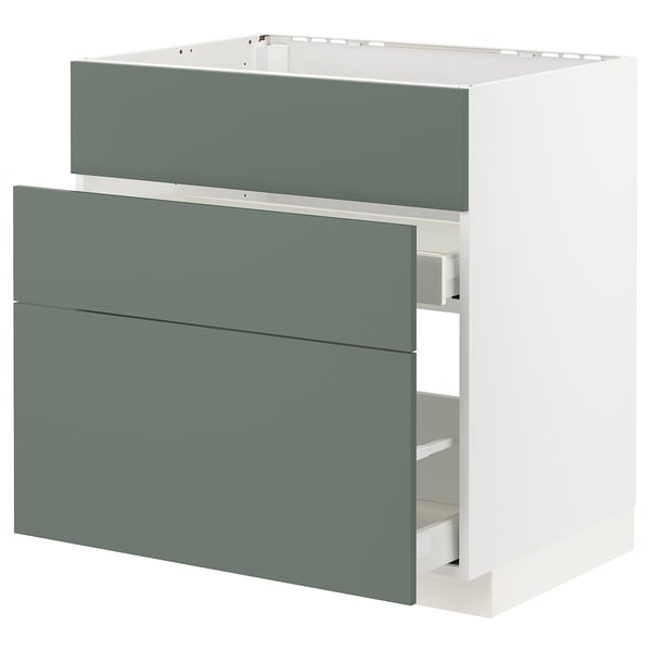 IKEA METOD kitchen unit in grey-green with three drawers and a white cabinet top.