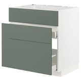 IKEA METOD kitchen unit in grey-green with three drawers and a white cabinet top.
