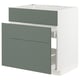 IKEA METOD kitchen unit in grey-green with three drawers and a white cabinet top.