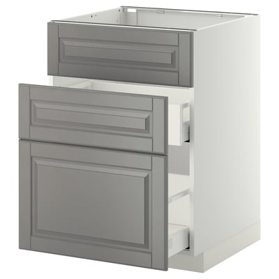 Modern kitchen unit with grey drawers, white base, handleless design, sturdy and smooth-running drawers.