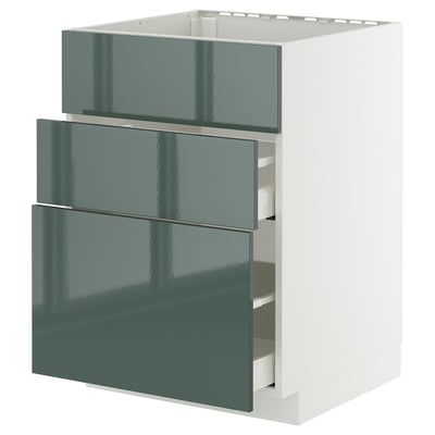 Modern kitchen cabinet: METOD with high-gloss grey-green kallarp fronts, sleek drawer design.