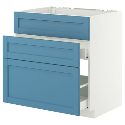 Blue & white METOD kitchen cabinet with 3 pale blue drawers, modern design.