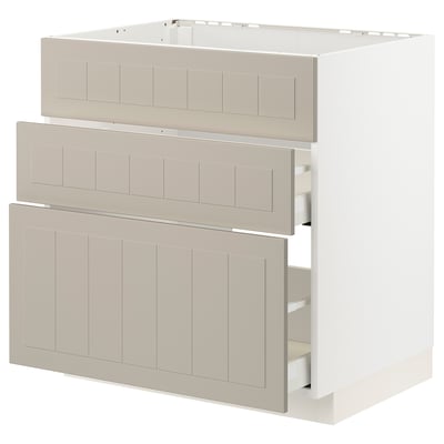 White ikea METOD kitchen with beige drawers - modern minimalist design.
